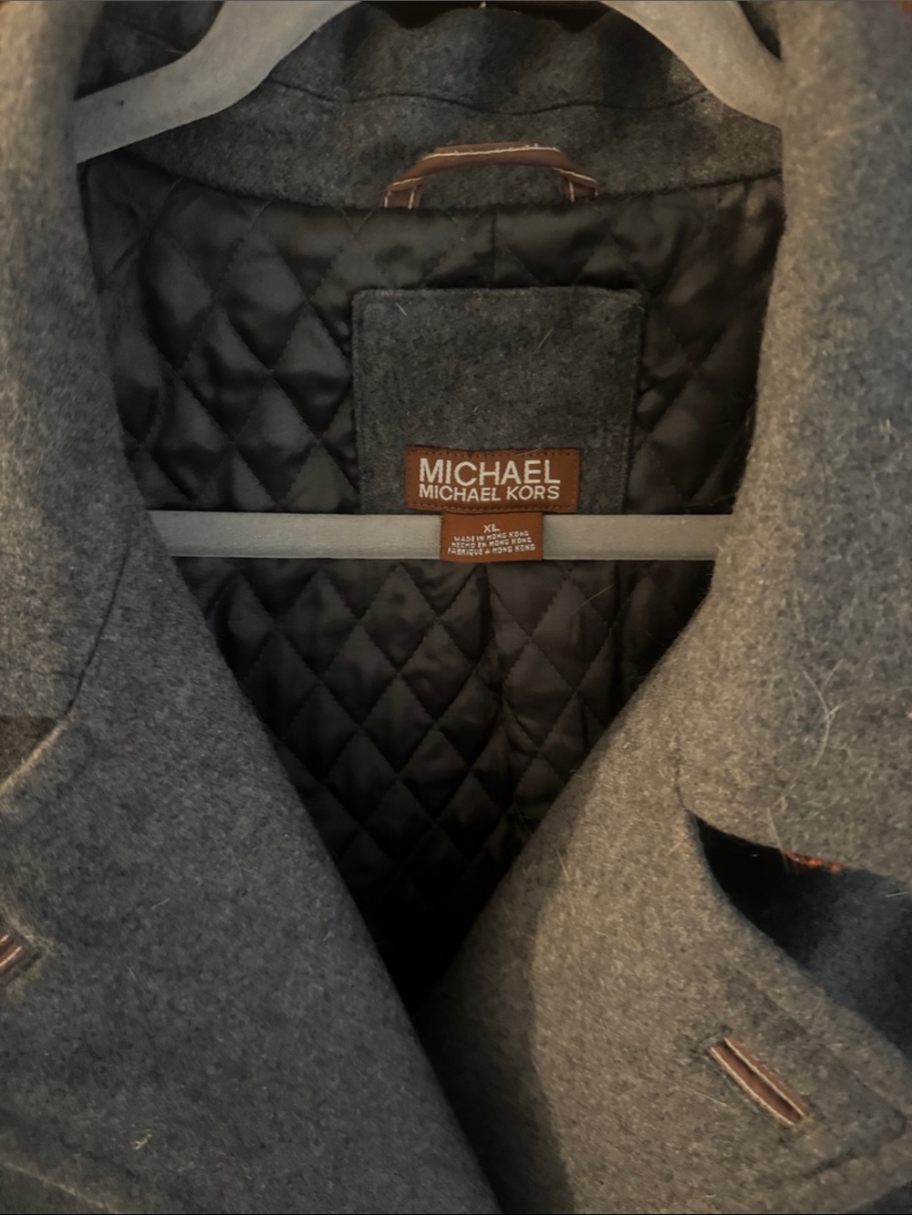 Michael Kors Men's Gray Wool Pea Coat with Quilted Black Lining